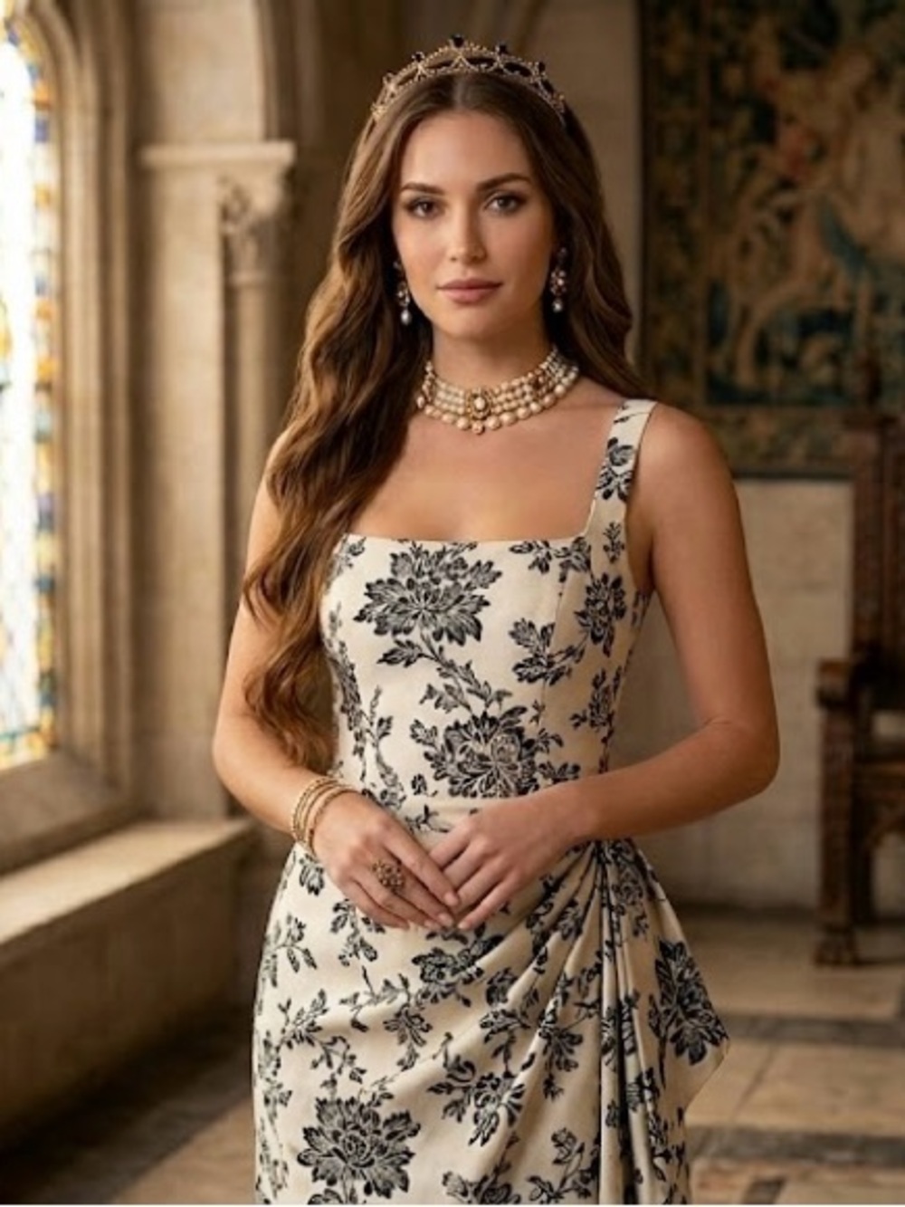 Donna Karan Cream Dress with Black Floral Print